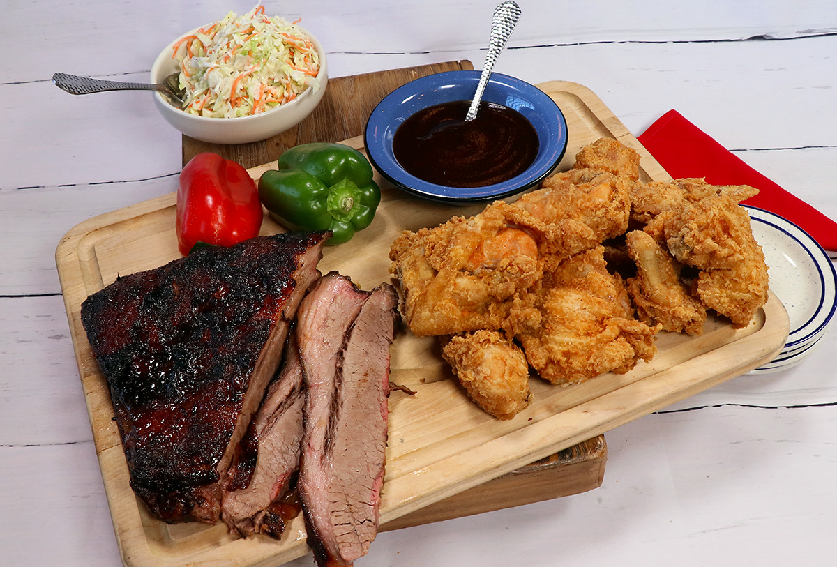Brisket and Fried Chicken with some sides at Machine Shed