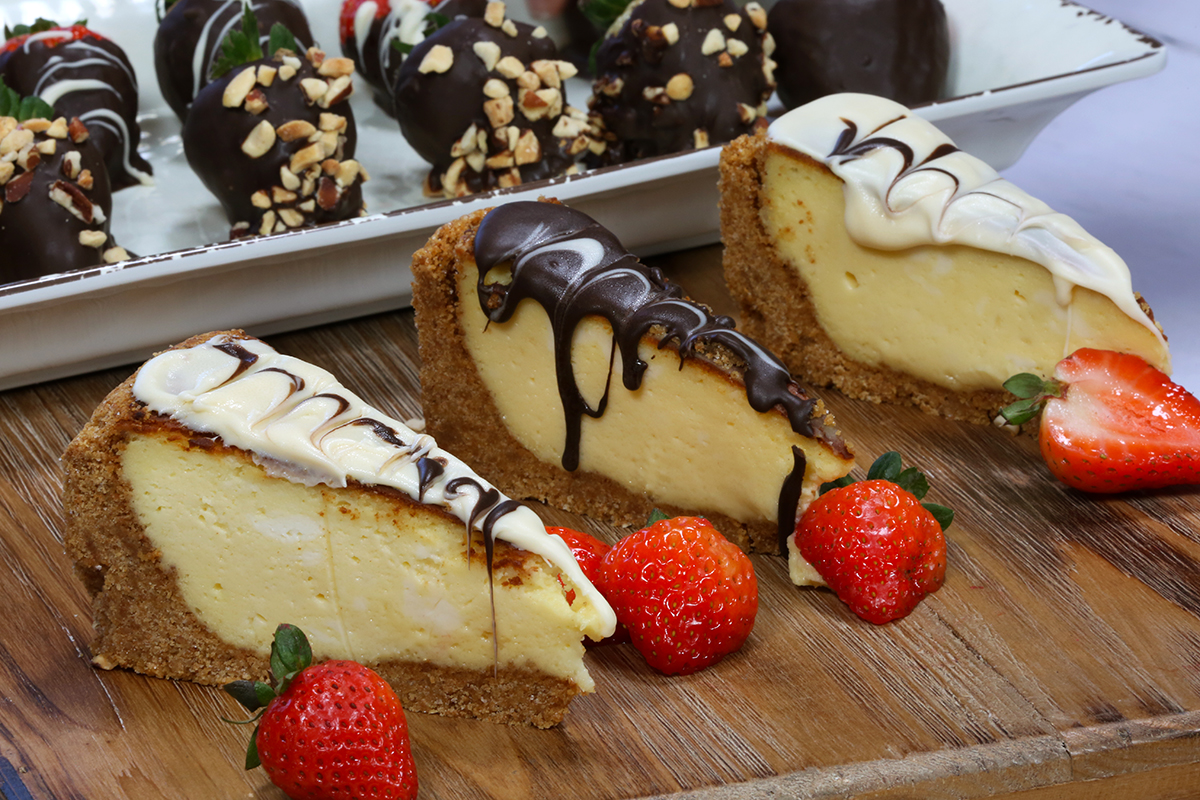 Cheesecake with chocolate covered strawberries at Machine Shed