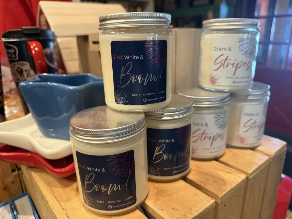 Machine Shed Gift Shop Red, White, and Blue themed candles