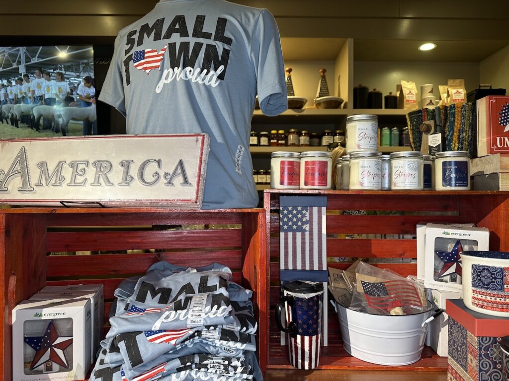 Machine Shed Gift Shop patriotic apparel, signs, cups, and candles
