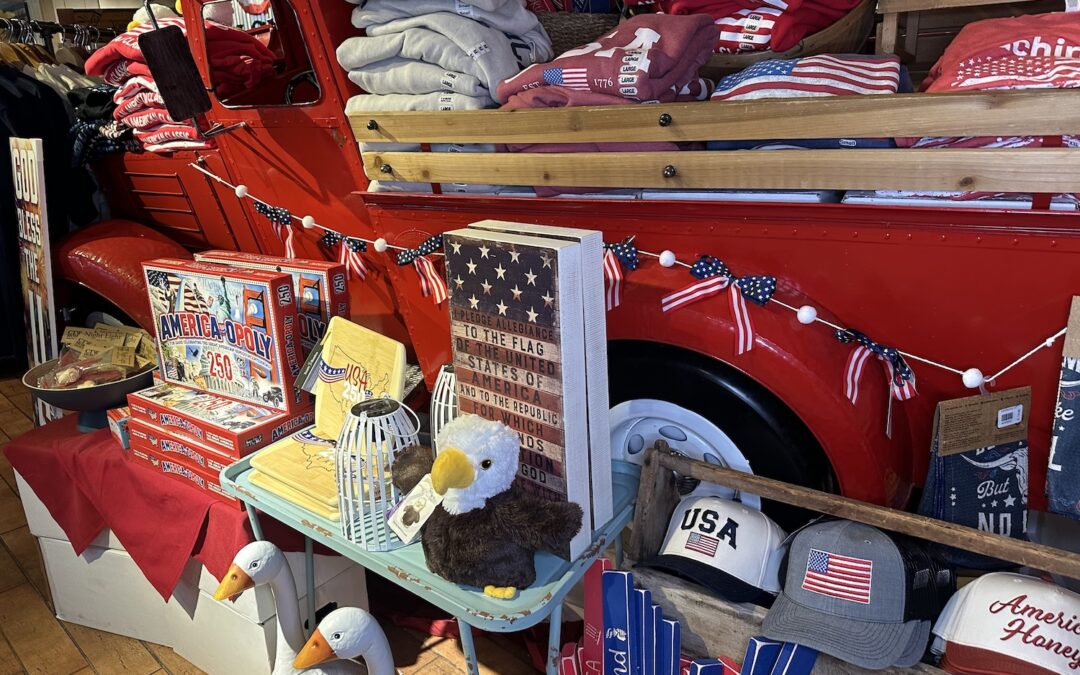 Machine Shed Gift Shop patriotic games, apparel, décor, and trinkets
