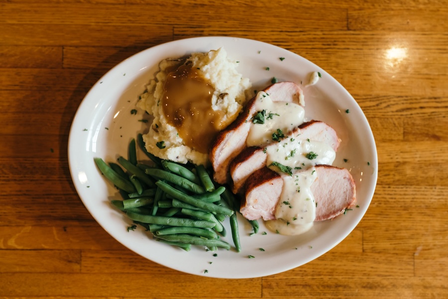 Smoked Pork Loin with green beans and mashed potatoes with gravy