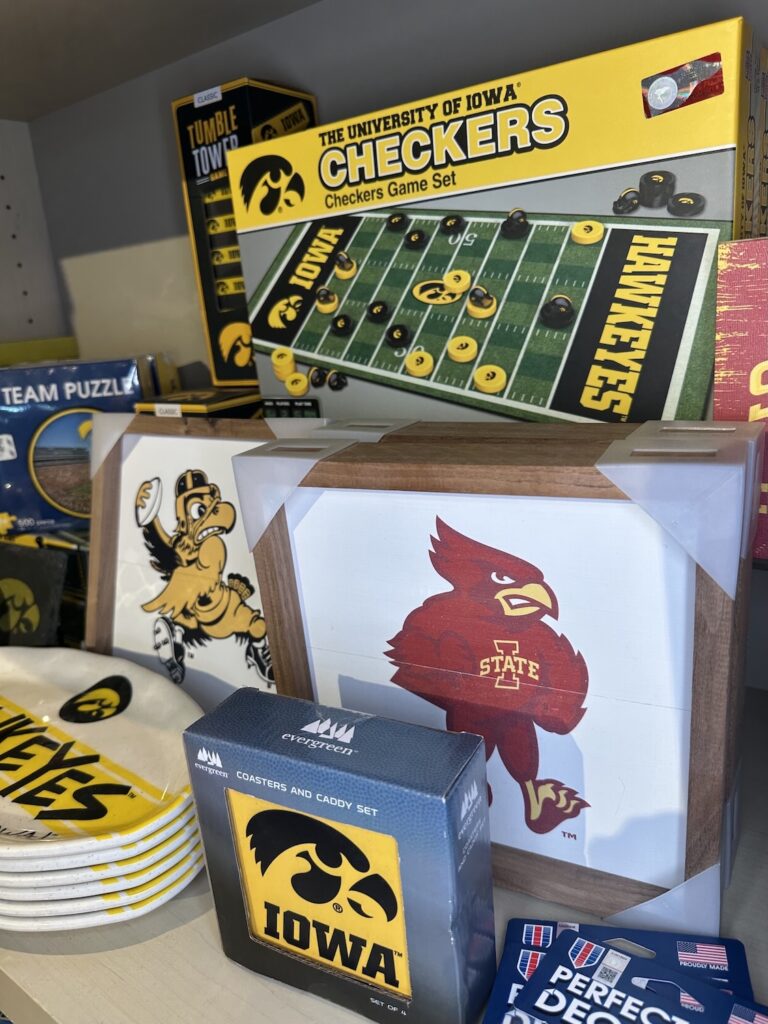 Hawkeye and Cyclone coasters, plates, and games in the Machine Shed shop
