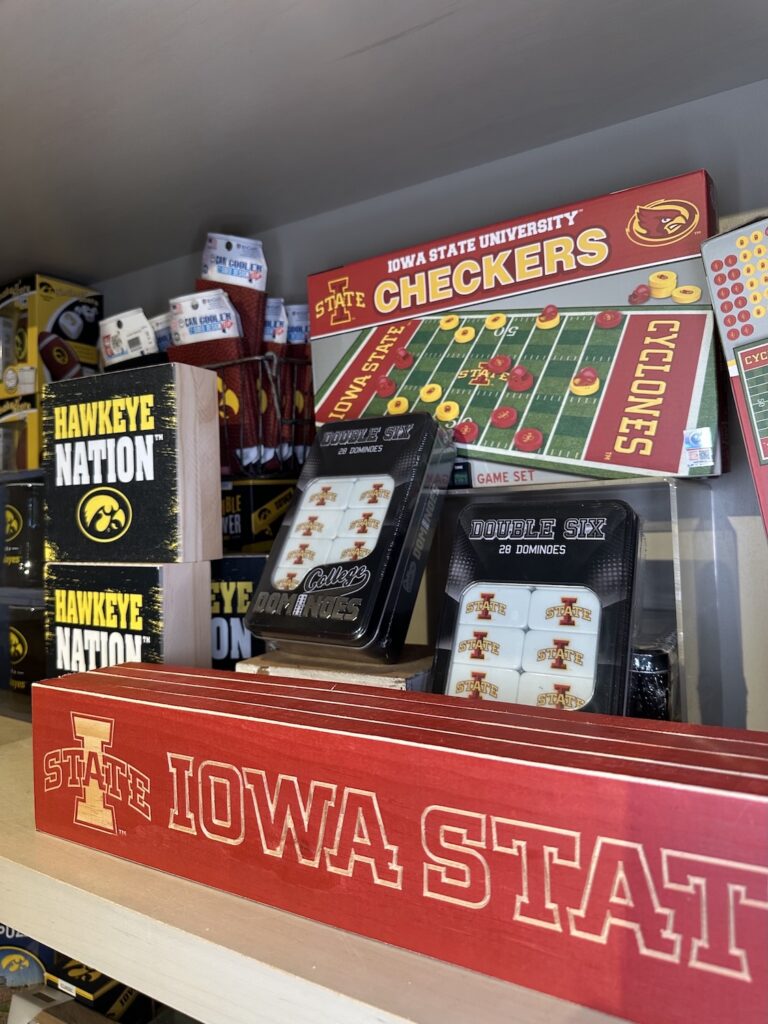 Cyclone and Hawkeye coasters, plates, and games in the Machine Shed shop