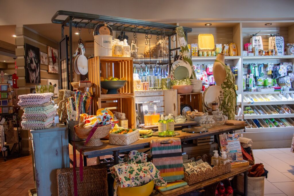 Machine Shed gift shop plates, towels, cutting boards, and kitchen supplies