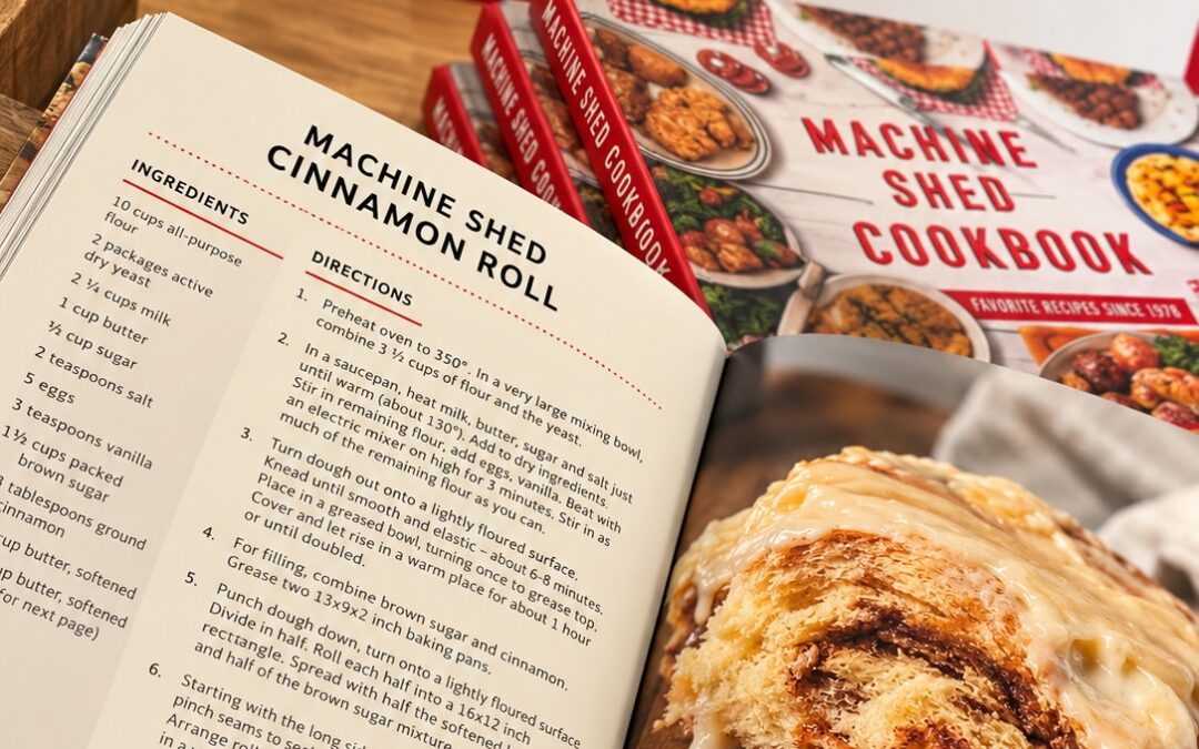 Machine Shed cookbook open to the page with the Cinnamon Roll recipe