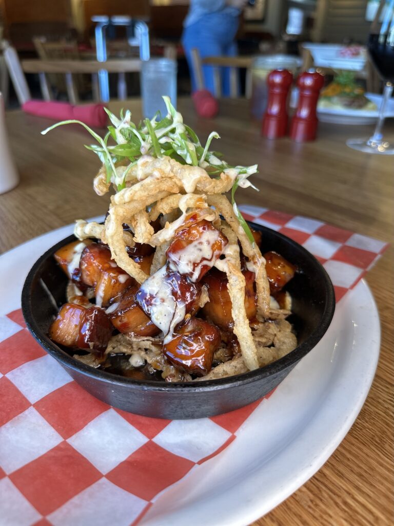 Machine Shed Porktober Belly Up Pork Appetizer bites maple-bourbon glaze topped with cripsy fried onions